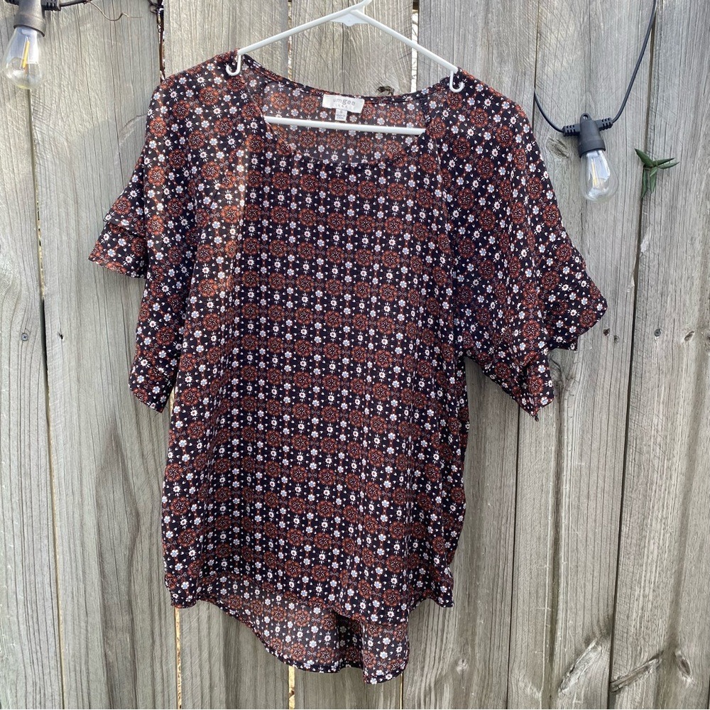 Umgee USA Black Rust Floral Medallion Ruffle Sleeve‎ High Low Blouse Small